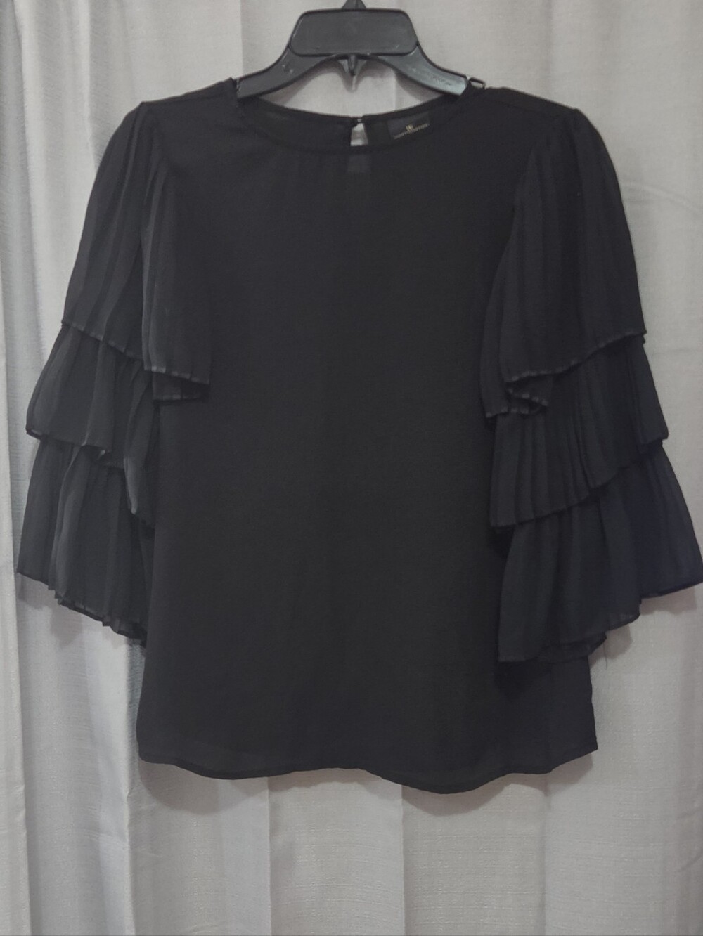Worthington Sheer Black Tiered Ruffle Sleeve Blouse Small
